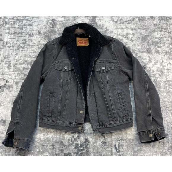 Levis Sherpa Lined Denim Trucker Jacket Womens Medium Black Jean Coat Snap Front